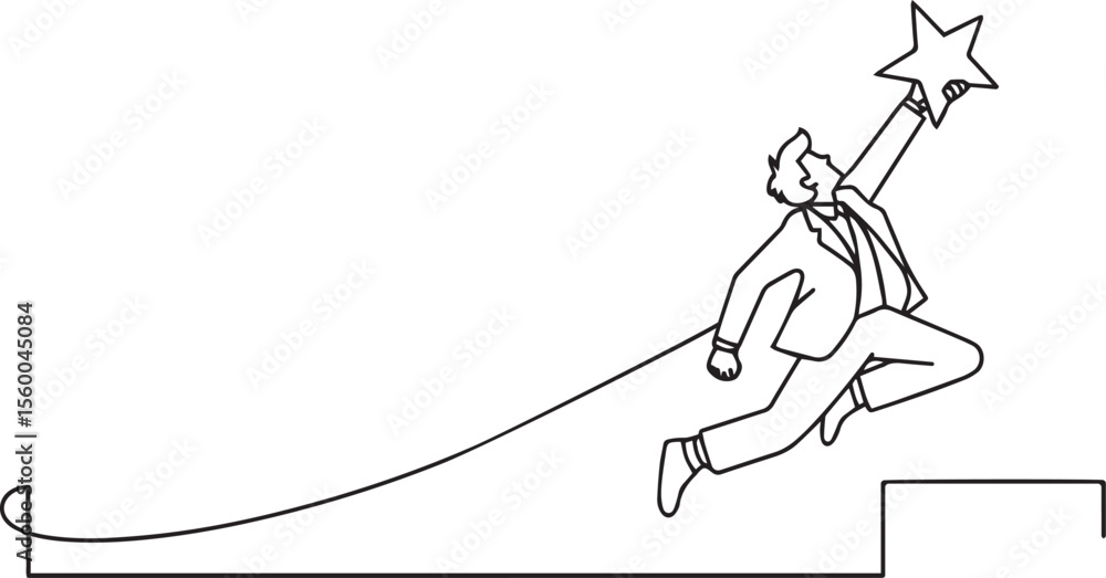 Poster continuous line drawing of a suited figure leaping upward while holding a large star above their hea
