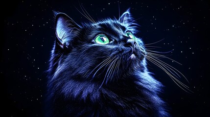 Night sky, glowing black cat gazing upwards
