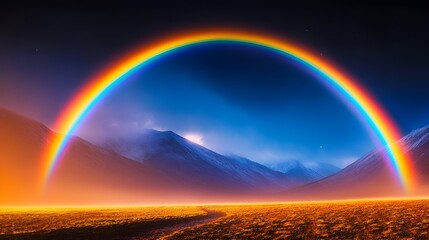 Nighttime rainbow arching over misty mountain valley