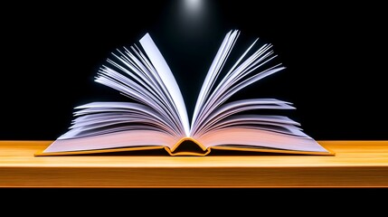 Open book, pages fanned, wood shelf, dark background, education
