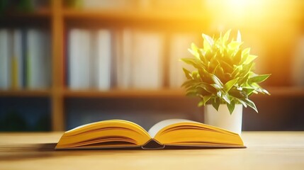 Open book, plant, sunlit desk, library background, education