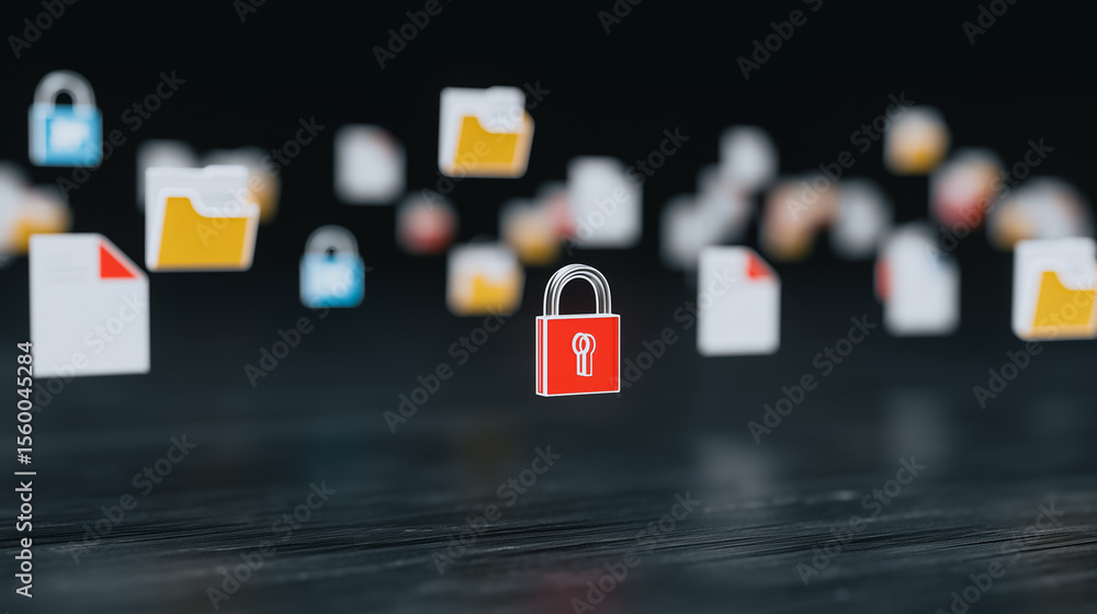 Poster data security concept: abstract 3d rendering of digital files and security locks illustrating the im