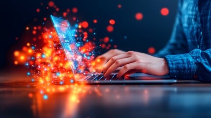 Person using laptop, digital data bursts, dark bokeh background, technology concept