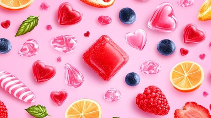 Pink background candy, fruit, hearts pattern