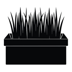A simple black silhouette icon of grass growing in a rectangular planter box, representing home gardening and natural growth
