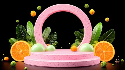 Pink citrus fruit podium, tropical leaves, black background, product display