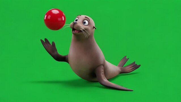 Cartoon seal juggling a red ball against a green background