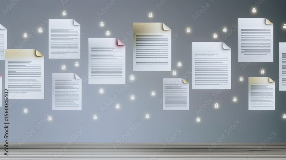 Poster digital document landscape: a digital landscape featuring multiple floating documents and data visua