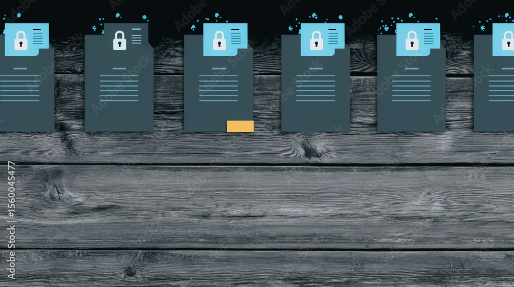 Poster data security concept: a row of locked files on a rustic wooden background, with one unlocked file s
