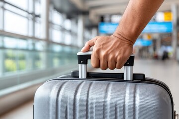 Close-up of a hand holding a gray suitcase handle, inside a blurred airport terminal, ready for departure.
