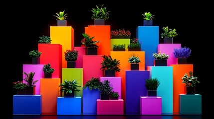 Rainbow plant display, studio, vibrant, colorful, pots, growth, background, black, website