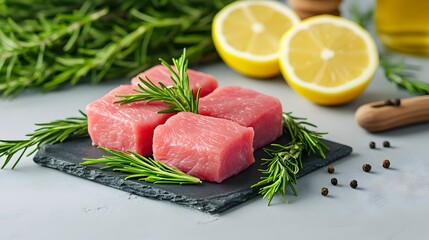 Raw pork cubes rosemary lemon kitchen cooking