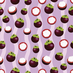 A seamless pattern featuring whole and halved mangosteens arranged over a soft purple wavy bg. This tropical fruit design adds a fresh and exotic touch to  textiles,wallpapers,or summer-them projects