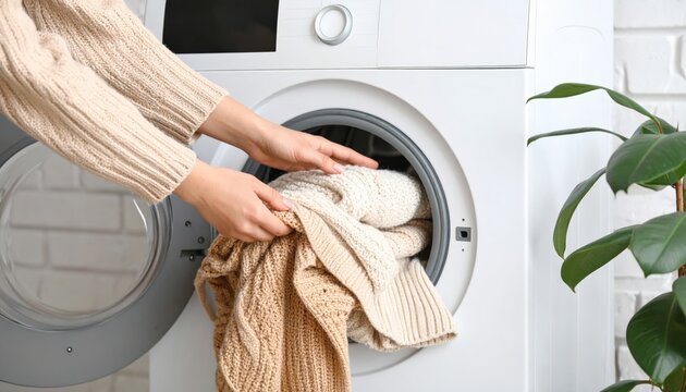Woman Loading Knitted Clothes Into Washing Machine