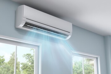 A white air conditioner unit mounted on a wall, blowing cool air into a room with windows.