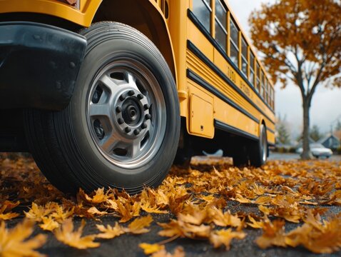 Close-up of a bus tire on fallen autumn leaves, a yellow bus parked on a street covered in leaves.