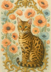 Obraz premium Bengal cat with floral elegance.