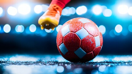 Soccer player kicking ball, stadium lights, night game
