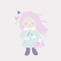 Girl holding a snowdrop and a love letter. Cute drawing of a girl in love in pastel colors. Springtime romantic illustration with funny character, Valentine's Day design.