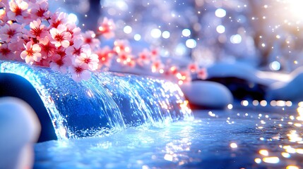 Snowy waterfall, cherry blossoms, winter scene, serenity, calendar