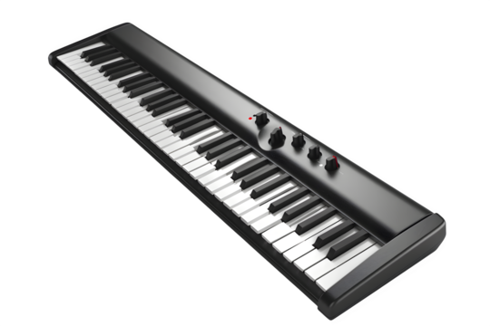 -key Bluetooth MIDI controller keyboard Neutral studio backdrop and matte finish and high‑key lighting. Great for advertising campaigns and marketing materials. High resolution and print ready.