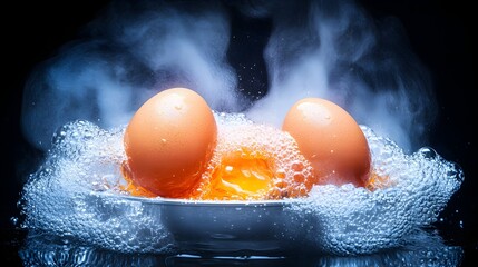 Steaming eggs in bowl, dark background, food photography