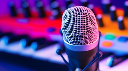 Studio microphone recording music keyboard neon lights