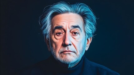 Studio portrait, senior man, somber expression, dark background, headshots