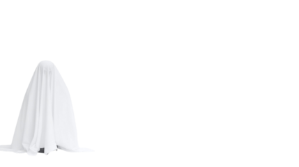 A completely white ghost stands on the left isolated on transparent or white background, png