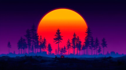Sunset forest silhouette, vibrant sky, camping scene, digital art