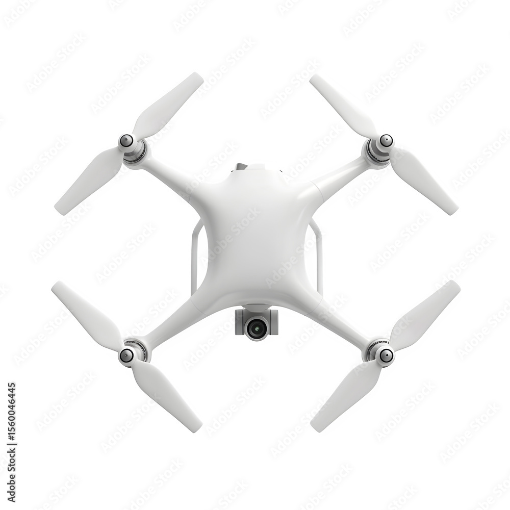 Poster a modern white quadcopter drone with compact high detail surface and low‑key lighting and floating c