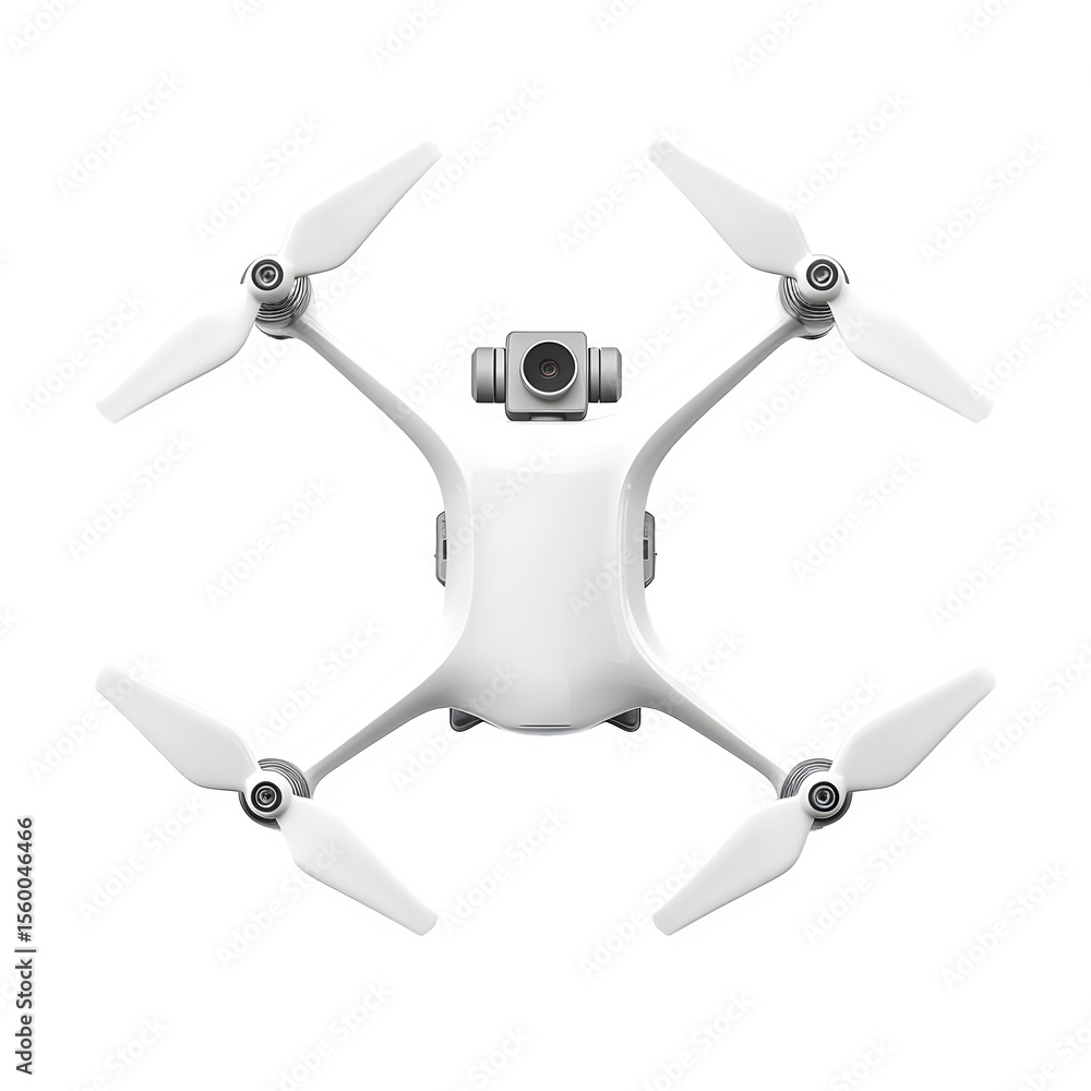 Poster a modern white quadcopter drone with compact matte finish and top view and transparent background. p