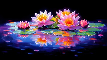 Vibrant water lilies reflecting in tranquil pond at night
