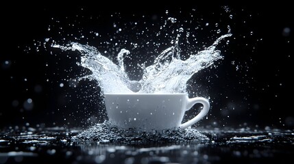 Water splashing white cup, dark background, studio shot, refreshment