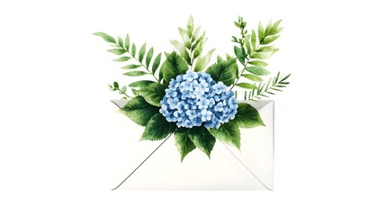 Watercolor hydrangea bouquet in envelope, isolated, white background, invitation design