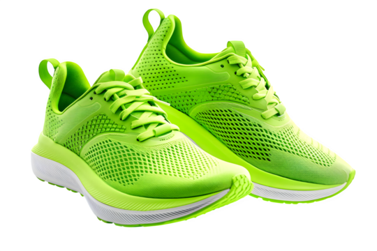 A pair of neon green running shoes Smooth reflective surface and neutral studio backdrop and asymmetrical layout. Ready for presentations and creative projects. High resolution and print ready.
