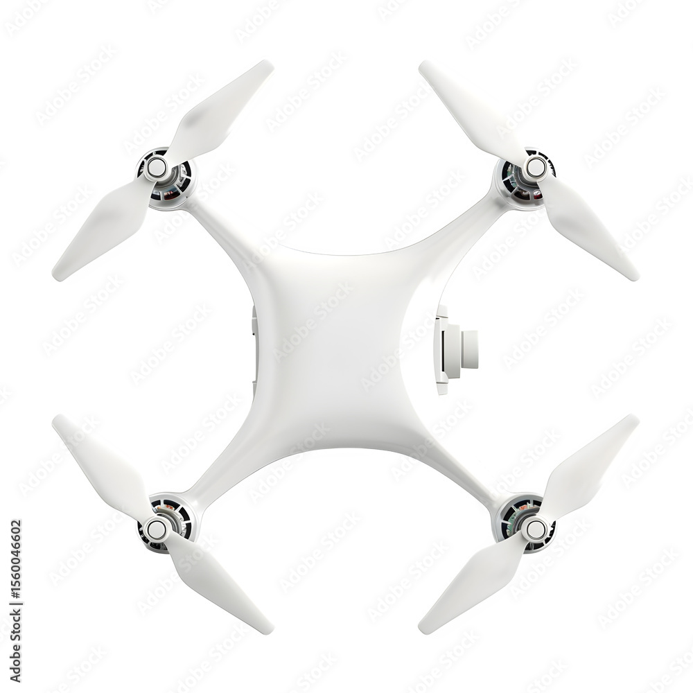 Poster a modern white quadcopter drone with compact angled view and smooth reflective surface and dark back