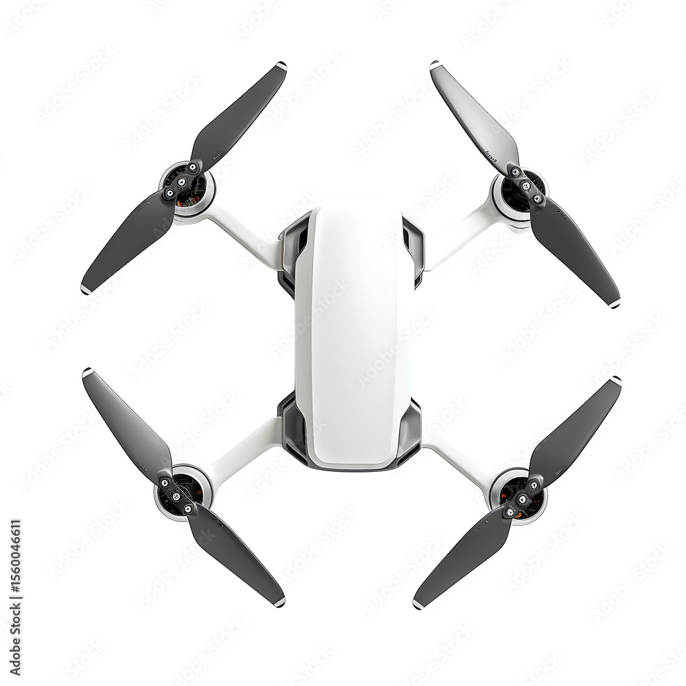 Poster a modern white quadcopter drone with compact dark background and overhead shot and matte finish. ide