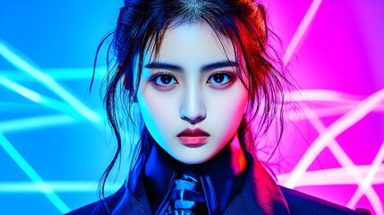 Woman, neon portrait, studio, blue pink lights, music