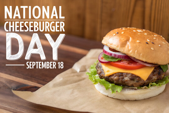 National Cheeseburger Day festive banner. A delicious cheeseburger and french fries on a chalkboard background. A concept for the American food holiday generative ai
