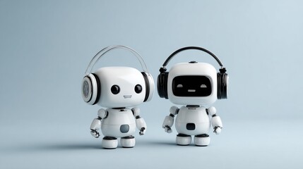 Two cute white robots with headphones, standing side by side, looking at the camera, simple background, cute style, 3D render.
