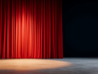 Yellow spotlight circle on stage with red curtain in background. Theater cinema comedy drama entertainment show performance, movie film event scene, empty circus at night 46524583 1
