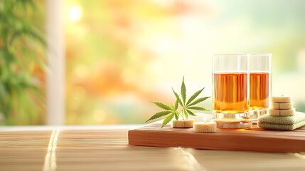 CBD oil shots, cannabis leaf, sweets, spa, sunrise