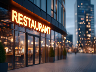 Glowing sign text restaurant above the glass door entrance in luxury cafeteria at night. Exterior view of modern business building architecture, outdoor facade, city street view, advertisin 91316022 1