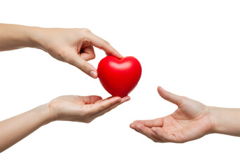 Fototapeta premium Two Hands Exchanging a Red Heart Against White Background, Conveying Love, Connection, and Affectionate Gesture. PNG