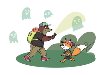 Adventure Cartoon Bear and Fox with Ghosts