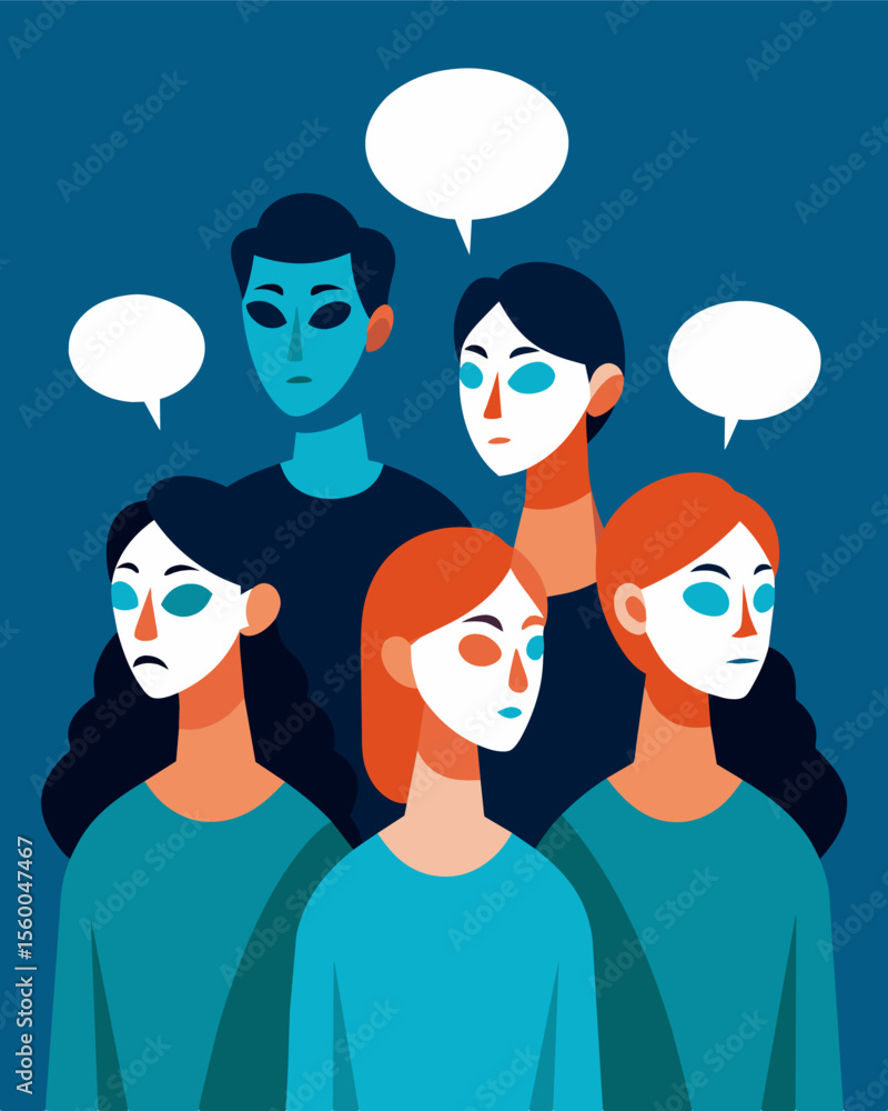 Poster a group of people wearing identical masks their minds all programmed to think and act in unison.. ve