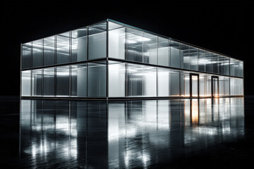 Transparent Modern Office Building Render. 3D rendering of a modern, transparent office building with glass walls, set against a black background.