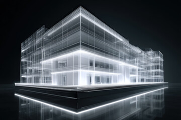 Transparent Office Building Rendering. A 3D rendering showcases a transparent office center, depicted in perspective against a sleek, black backdrop.