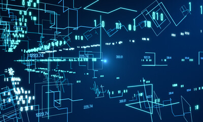 Futuristic space with wire frames, data, bits, binary code. Digital network, system, big data, computer technology. 3Dillustration